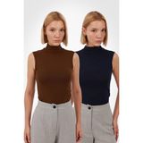 Yade Fashion Kadın Kolsuz Bluz 2’li Set - Lacivert - Kahverengi - 2XL