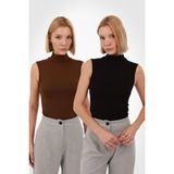 Yade Fashion Kadın Kolsuz Bluz 2’li Set - Siyah - Kahverengi - XL
