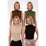 Yade Fashion Kadın Kolsuz Bluz 4’lü Set – Kahverengi Haki Ekru Siyah