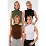 Yade Fashion Kadın Kolsuz Bluz 4’lü Set - Siyah - Beyaz - Kahverengi - Yeşil - XL
