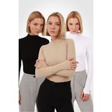 Yade Fashion Kadın Parmak Detaylı Body 3’lü Set Uzun Kollu Viskon Siyah Beyaz Ekru Yaka - Siyah - Beyaz - Ekru - 2XL