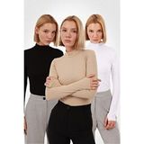Yade Fashion Kadın Siyah Beyaz Ekru 3'lü Uzun Kollu Body Set, Yumuşak Viskon Kumaş ve Boğazlı Yaka - Çok Renkli - XL