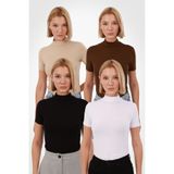 Yade Fashion Kadın Siyah Beyaz Kahverengi Ekru 4'lü Kısa Kol Bluz Set