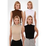 Yade Fashion Kadın Siyah Beyaz Kahverengi Ekru 4'lü Kolsuz Bluz Set