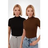 Yade Fashion Kadın Siyah Kahverengi 2'li Kısa Kol Bluz Set