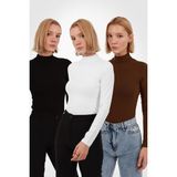 Yade Fashion Kadın Uzun Kollu Balıkçı Yaka Body 3'lü Set Viskon Kumaş Siyah Beyaz Kahverengi - Siyah - Beyaz - Kahverengi - XL