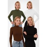 Yade Fashion Kadın Uzun Kollu Balıkçı Yaka Body 4’lü Set – Siyah Beyaz Kahverengi Haki - Siyah - Beyaz - Kahvrengi - Yeşil - XL