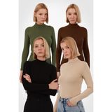 Yade Fashion Kadın Uzun Kollu Balıkçı Yaka Body 4’lü Set – Siyah Ekru Haki Kahverengi - Siyah - Ekru - Kahverengi - Yeşil