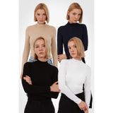 Yade Fashion Kadın Uzun Kollu Bluz 4’lü Set – Siyah Beyaz Lacivert Ekru