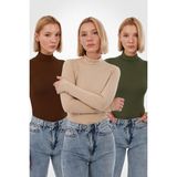 Yade Fashion Kadın Uzun Kollu Body Seti Yarım Boğazlı Viskon 3'lü Kahverengi Ekru Yeşil - Kahverengi - Ekru - Yeşil - XL