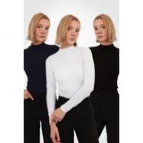 Yade Fashion Kadın Uzun Kollu Body Seti Yarım Boğazlı Viskon Kumaş 3’lü Siyah Beyaz Lacivert - Siyah - Beyaz - Lacivert - 2XL