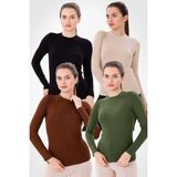 Yade Fashion Uzun Kol Bisiklet Yaka Viskon Body 4'lü Set Kadın İç Giyim Siyah Kahverengi Ekru Haki - Siyah - Kahverengi - Ekru - Haki - 2XL