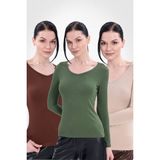 Yade Fashion V Yaka Uzun Kollu Kadın Body 3\\\'lü Set - Bej - Kahverengi - Haki - XL
