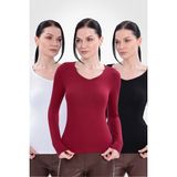 Yade Fashion V Yaka Uzun Kollu Kadın Body 3\\\'lü Set - Siyah - Beyaz - Bordo - XL