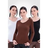 Yade Fashion V Yaka Uzun Kollu Kadın Body 3\\\'lü Set - Siyah - Beyaz - Kahverengi