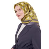 Yağ Yeşili Papatya Desen Twill İpek Eşarp