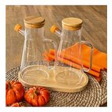 Yağdanlık Cam Şişe 900 Ml Bambu Vakumlu Kapak Ahşap Stantlı İkili
