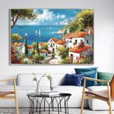 Yağlı Boya Dokulu Tablo Akdeniz Evleri Gümüş Çerçeveli 140 x 210 cm U09031