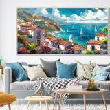 Yağlı Boya Dokulu Tablo Akdeniz Evleri Gümüş Çerçeveli 60 x 120 cm U09032