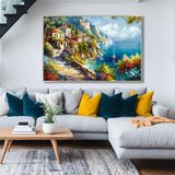 Yağlı Boya Dokulu Tablo Akdeniz Kıyı Evleri Gümüş Çerçeveli 100 x 150 cm U09030