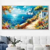 Yağlı Boya Dokulu Tablo Akdeniz Kıyı Manzara Gümüş Çerçeveli 80 x 160 cm U09029