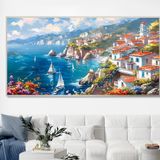 Yağlı Boya Dokulu Tablo Akdeniz Kıyısında Evler Gümüş Çerçeveli 60 x 120 cm U09035