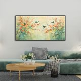 Yağlı Boya Dokulu Tablo Bahar Çiçekleri ve Sinek Kuşları Siyah Çerçeveli 50 x 100 cm U04027