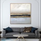 Yağlı Boya Dokulu Tablo Bej Soyut Manzara Altın Çerçeveli 100 x 100 cm U08132