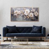 Yağlı Boya Dokulu Tablo Beyaz Çiçekler Altın Çerçeveli 60 x 120 cm U02003