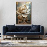 Yağlı Boya Dokulu Tablo Beyaz Kabartma Çiçek Altın Çerçeveli 70 x 100 cm U02054