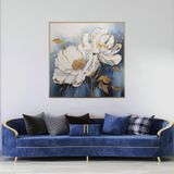 Yağlı Boya Dokulu Tablo Beyaz Modern Çiçekler Altın Çerçeveli 80 x 80 cm U02063
