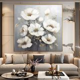Yağlı Boya Dokulu Tablo Beyaz Modern Çiçekler Altın Çerçeveli 80 x 80 cm U02067
