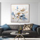 Yağlı Boya Dokulu Tablo Beyaz Soyut Çiçekler Altın Çerçeveli 120 x 120 cm U02064