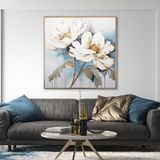 Yağlı Boya Dokulu Tablo Beyaz Soyut İkili Çiçek Altın Çerçeveli 60 x 60 cm U02065
