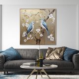 Yağlı Boya Dokulu Tablo Dalda Mavi Kuşlar Altın Çerçeveli 100 x 100 cm U04039