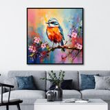 Yağlı Boya Dokulu Tablo Dalda Renkli Kuş Siyah Çerçeveli 60 x 60 cm U04001