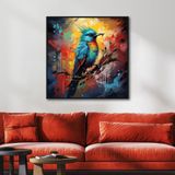Yağlı Boya Dokulu Tablo Dalda Renkli Kuş Siyah Çerçeveli 80 x 80 cm U04004