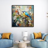 Yağlı Boya Dokulu Tablo Dalda Renkli Kuş Siyah Çerçeveli 80 x 80 cm U04021