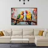 Yağlı Boya Dokulu Tablo Dalda Renkli Papağanlar Siyah Çerçeveli 70 x 100 cm U04015