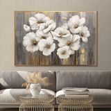 Yağlı Boya Dokulu Tablo Gri Altın Fonda Beyaz Çiçekler Altın Çerçeveli 100 x 150 cm U02072