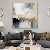 Yağlı Boya Dokulu Tablo Gri Beyaz Bej Soyut Altın Çerçeveli 80 x 80 cm U08122