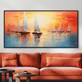 Yağlı Boya Dokulu Tablo Gün Batımında Modern Yelkenliler Siyah Çerçeveli 50 x 100 cm U06050