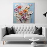 Yağlı Boya Dokulu Tablo Kabartma Çiçekler Gümüş Çerçeveli 60 x 60 cm U02047