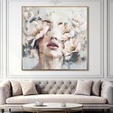 Yağlı Boya Dokulu Tablo Kadın ve Beyaz Çiçekler Altın Çerçeveli 60 x 60 cm U05017