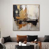 Yağlı Boya Dokulu Tablo Kahve Siyah Beyaz Soyut Altın Çerçeveli 60 x 60 cm U08070