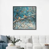Yağlı Boya Dokulu Tablo Karlı Havada Dalda Kuşlar Siyah Çerçeveli 100 x 100 cm U04022