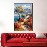 Yağlı Boya Dokulu Tablo Kırmızı Gelincikler ve Köy Evi Manzarası Siyah Çerçeveli 100 x 150 cm U06031