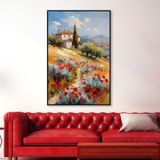 Yağlı Boya Dokulu Tablo Kırmızı Gelincikler ve Köy Evi Manzarası Siyah Çerçeveli 100 x 150 cm U06032