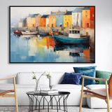 Yağlı Boya Dokulu Tablo Kıyıda Kayıklar Modern Manzara Siyah Çerçeveli 70 x 100 cm U09025