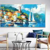 Yağlı Boya Dokulu Tablo Kıyıda Yelkenli ve Evler Gümüş Çerçeveli 70 x 140 cm U09034